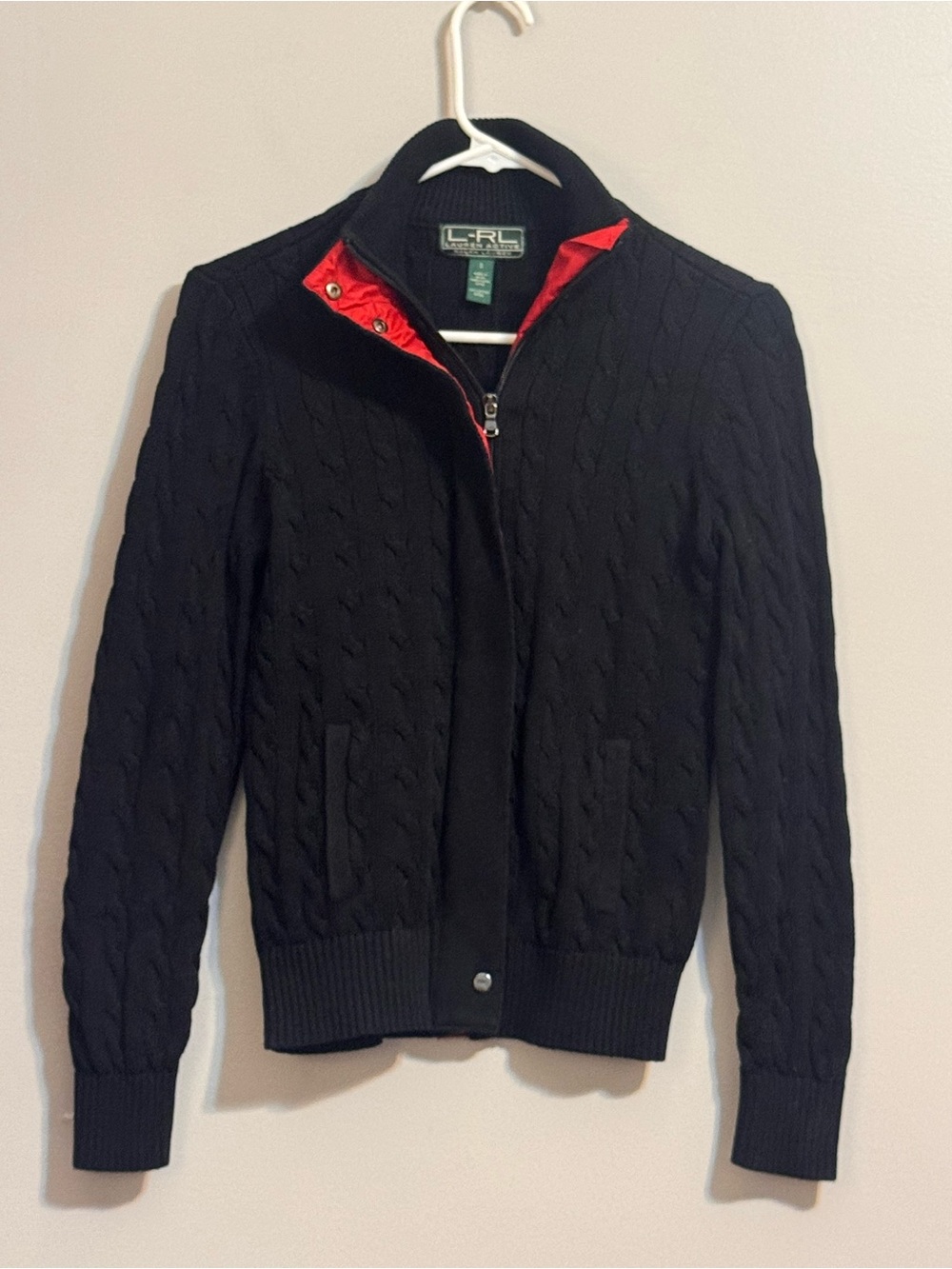 Ralph Lauren Lauren Active Cable Knit Full Zip Sweater Jacket Black S